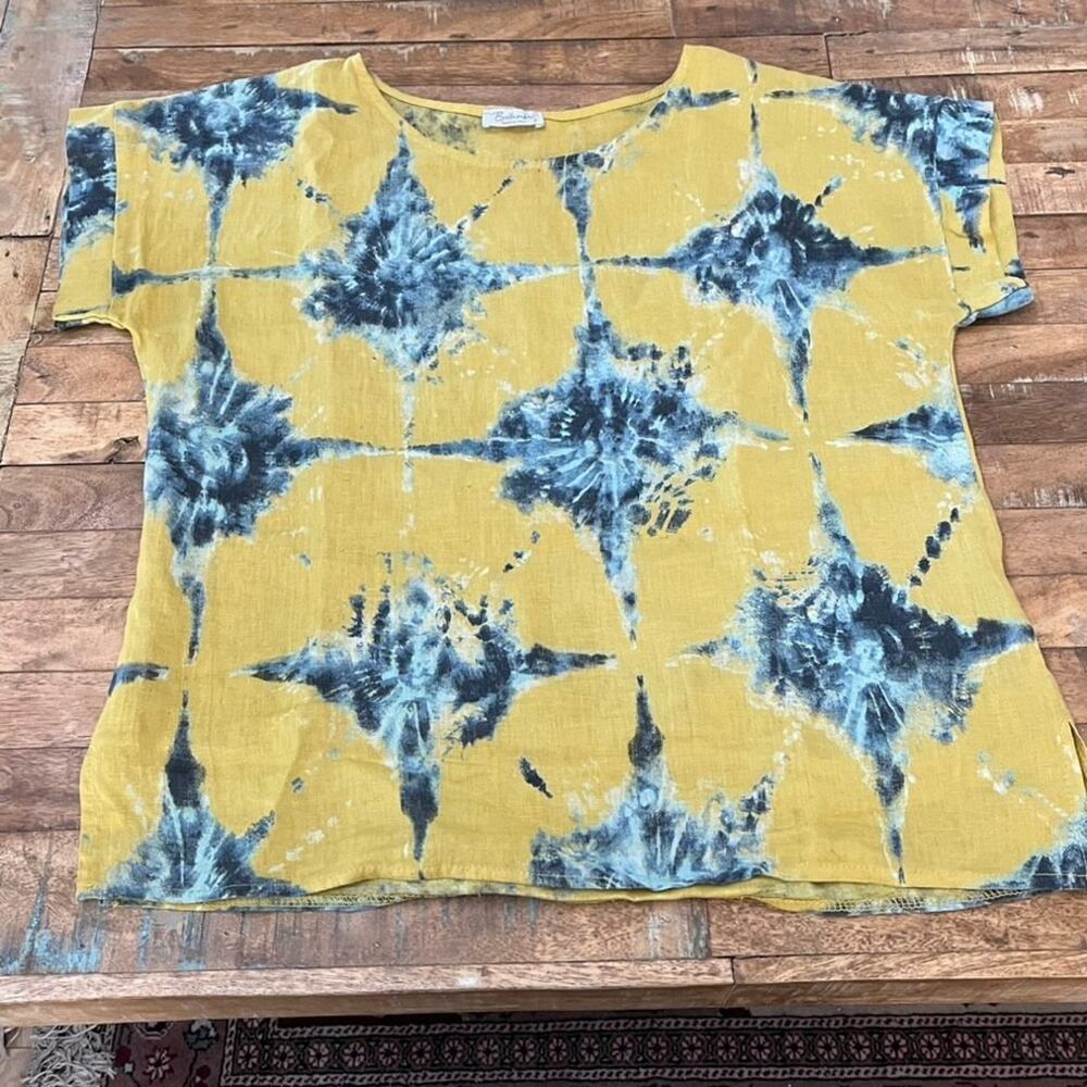Bellambia Linen Short Sleeve Shirt Womens Size Small Lagenlook Top Tie Dye Italy